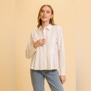 049- Pleated White Button Up Top